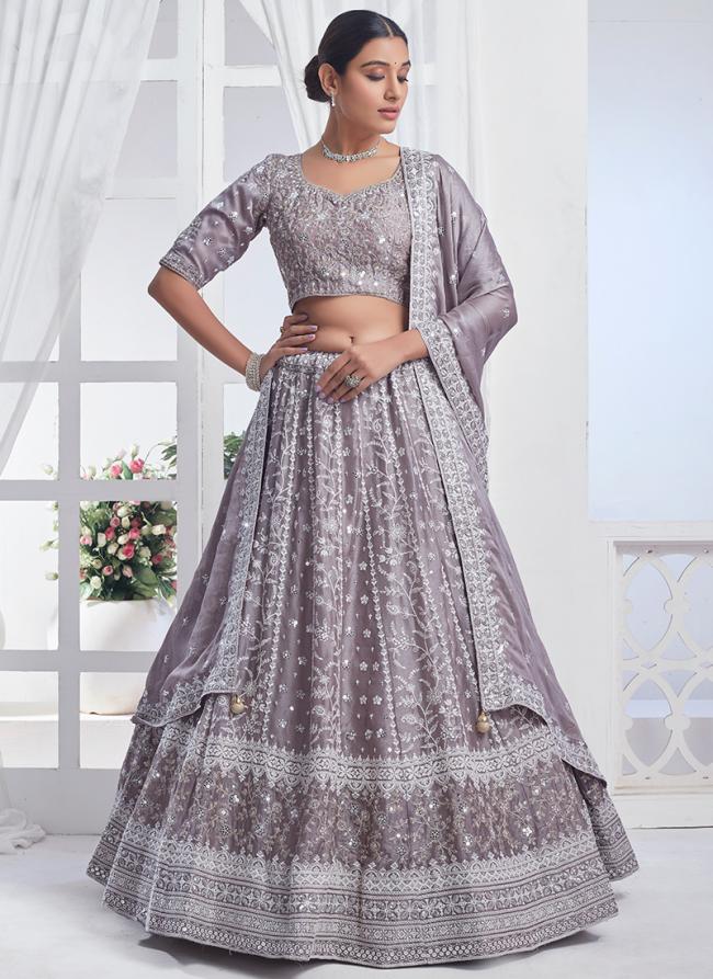 Pure Chiffon Grey Party Wear Embroidery Work Lehenga Choli